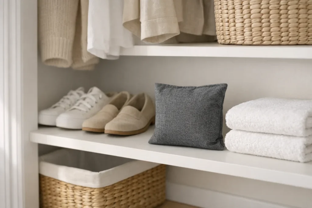 Activated charcoal bag placed on a closet shelf with shoes and folded towels, showing a natural air freshener method for removing odors