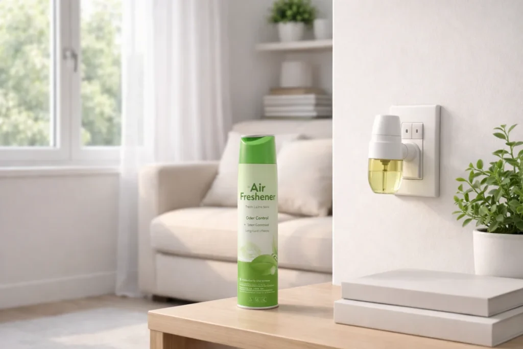 Green air freshener spray and plug-in air freshener used to mask odors in a bright living room