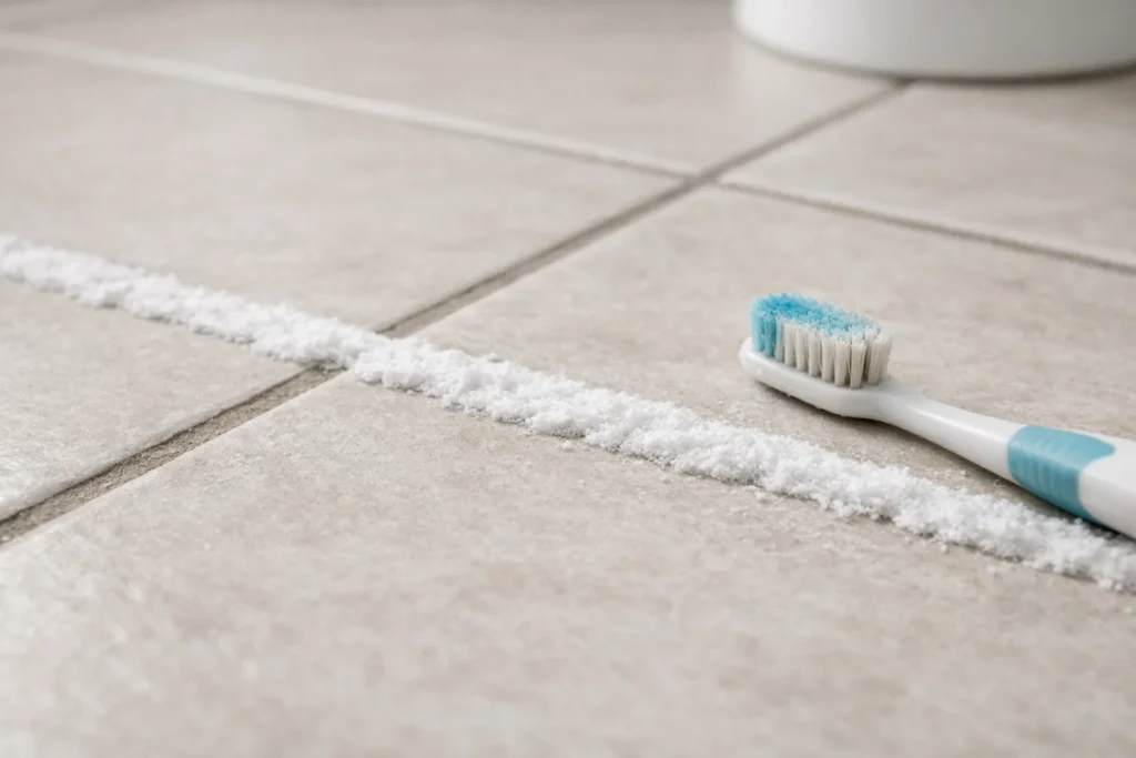 Baking soda paste applied lightly to bathroom floor grout with a soft brush