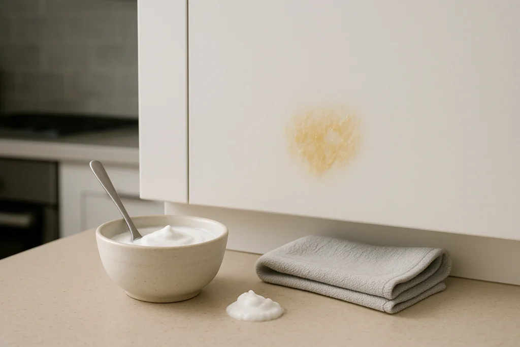 A bowl of thick baking soda paste, a folded microfiber cloth, and a greasy spot on a white cabinet surface, showing preparation for removing grease from kitchen cabinets.