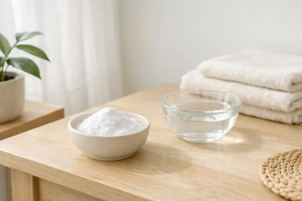 Baking soda and vinegar in simple bowls used as natural odor absorbers in a bright room