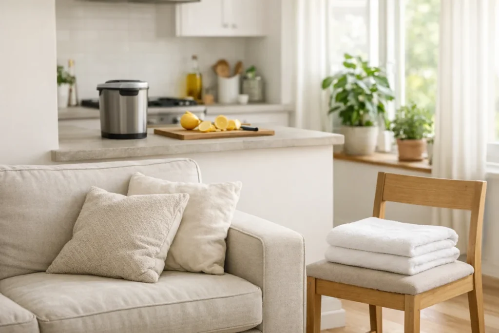 Bright living room and kitchen with fresh fabrics, natural light, and lemon slices showing natural air freshener ideas for the home