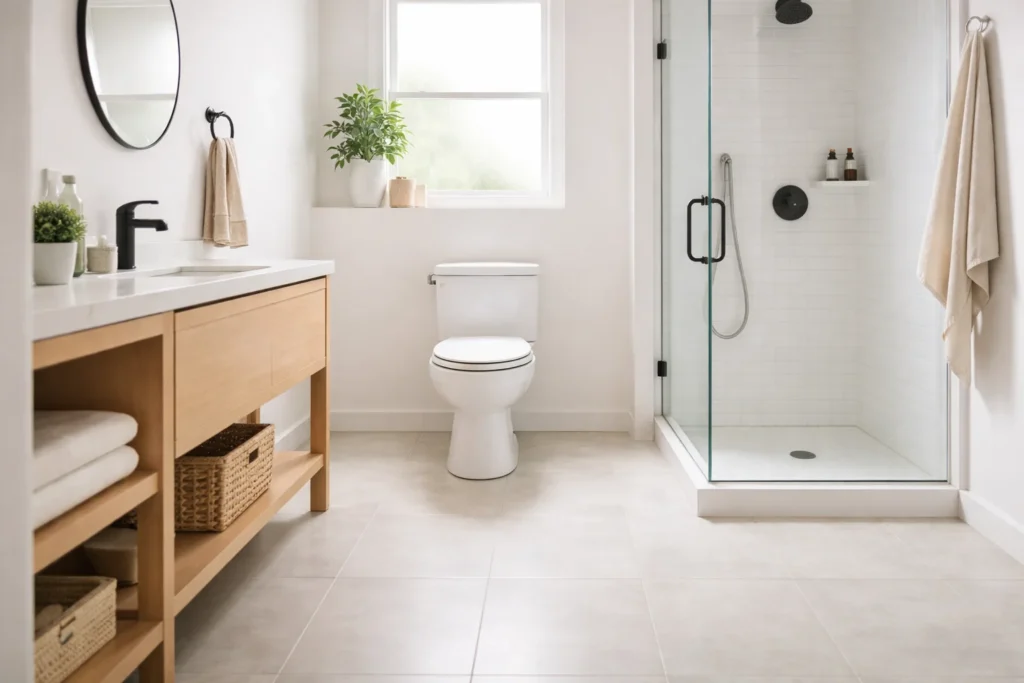 Clean bathroom floor around toilet with light ceramic tiles