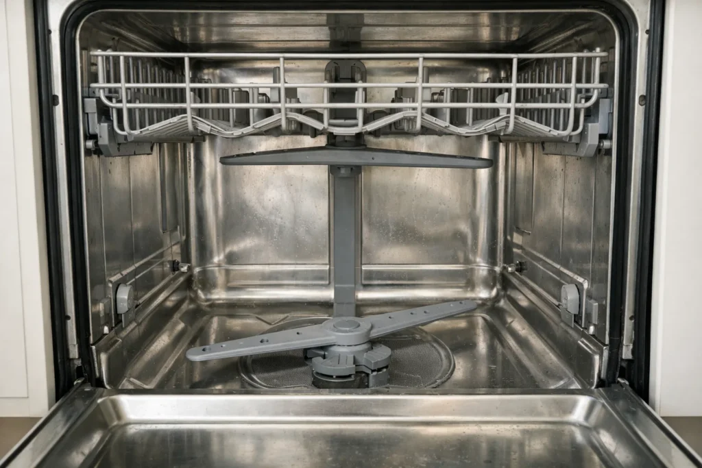Clean dishwasher spray arms inside a modern dishwasher