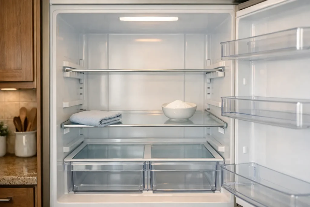 Clean refrigerator interior with baking soda absorbing odors
