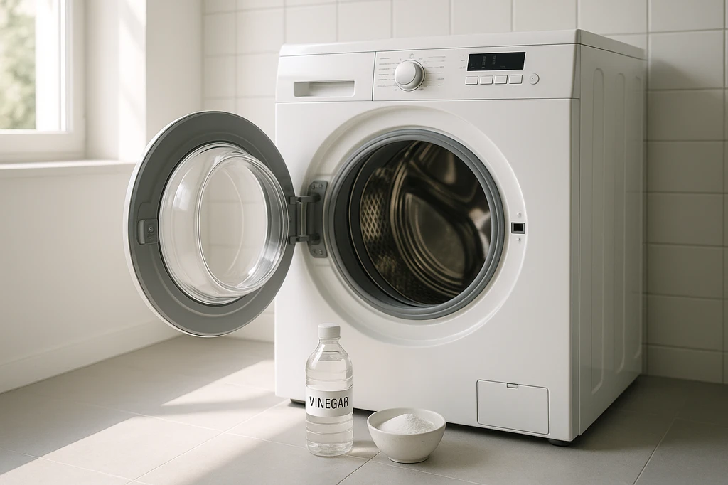 open washing machine with vinegar and baking soda for natural odor removal