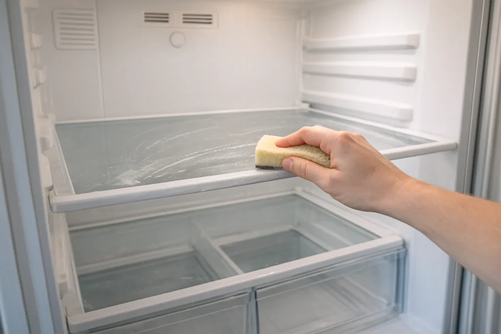 Cleaning a refrigerator shelf with warm dish soap to remove odors