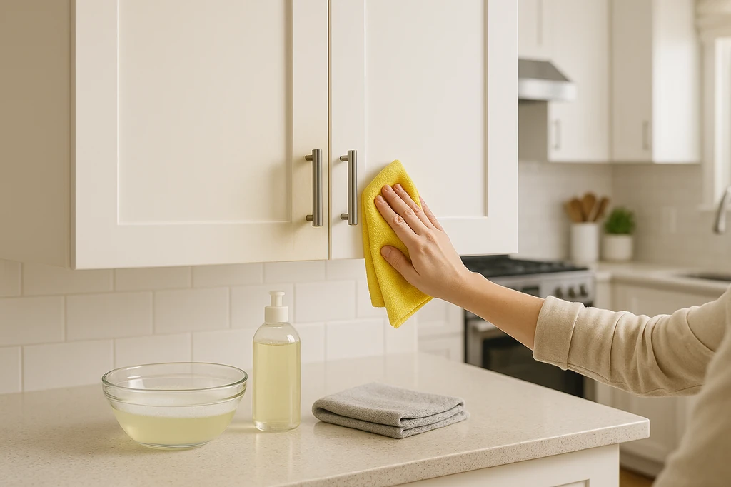 Hand wiping grease off a kitchen cabinet door with a yellow cloth