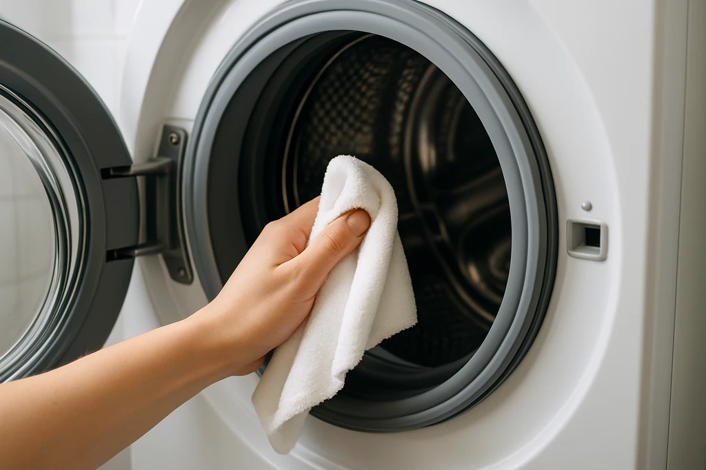 cleaning the rubber door gasket of a front load washing machine with a white microfiber cloth