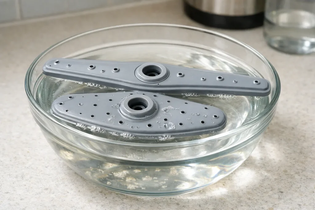 Dishwasher spray arms soaking in white vinegar