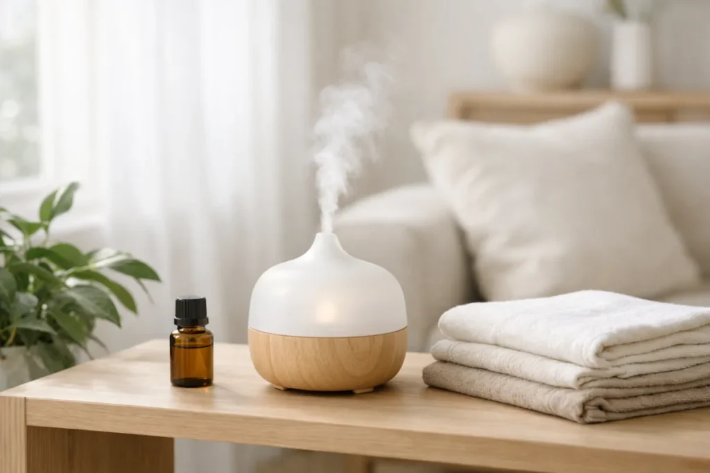 Essential oil diffuser releasing light mist in a bright living room, showing a natural air freshener method for the home