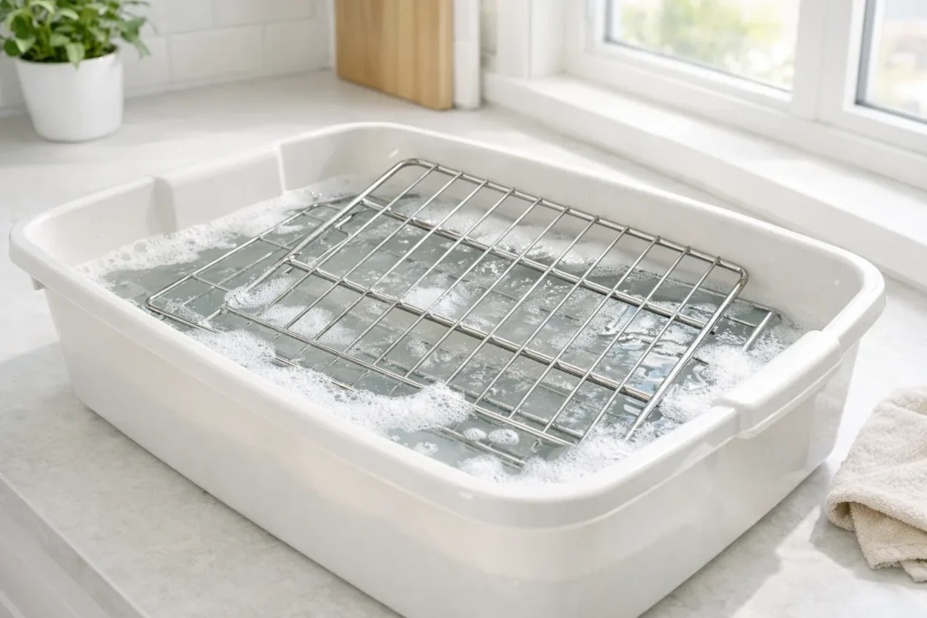 oven racks soaking in warm water without chemical cleaners