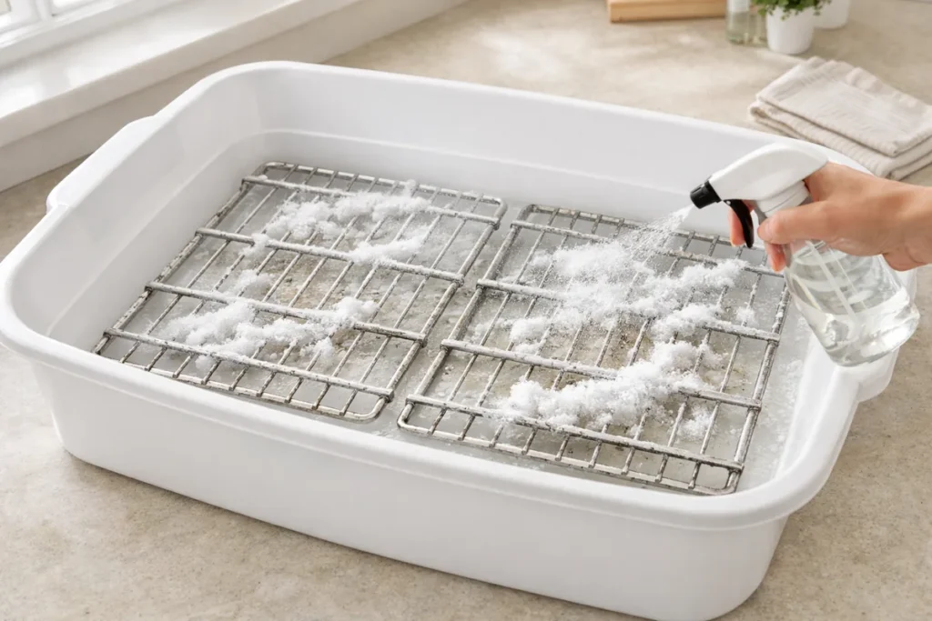 oven racks being cleaned with baking soda and vinegar in a white container