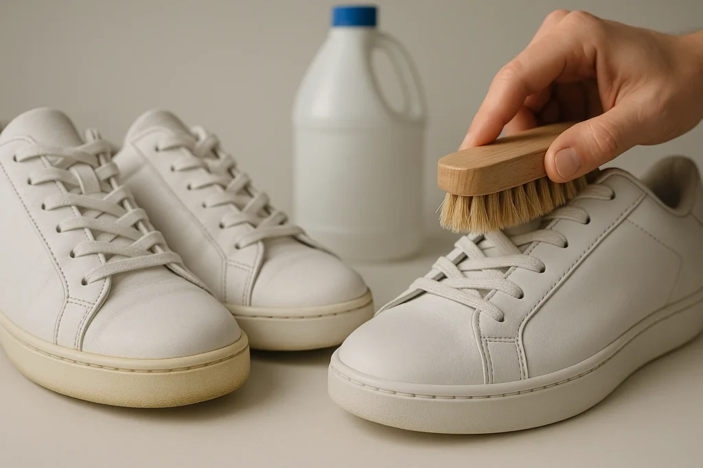 how to clean white sneakers mistakes such as bleach damage and using a stiff brush