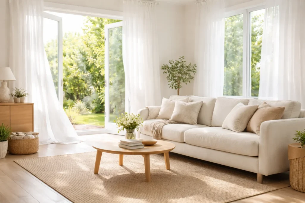 Bright living room with open windows and natural light showing how to make a room smell good without spray
