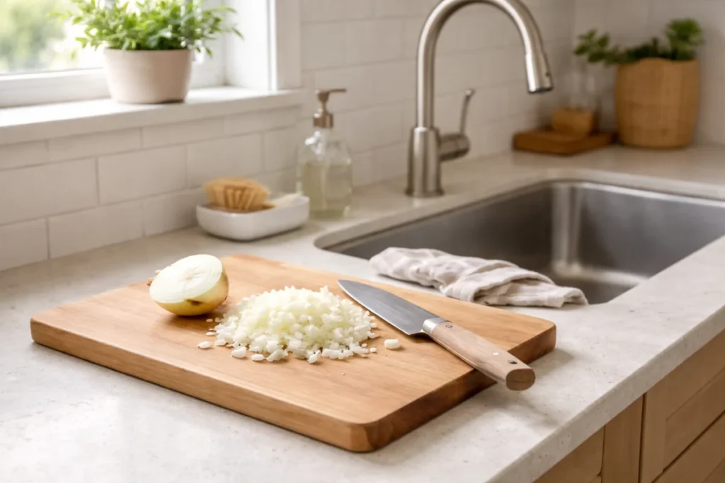 Chopped onion on a cutting board next to a kitchen sink after food prep