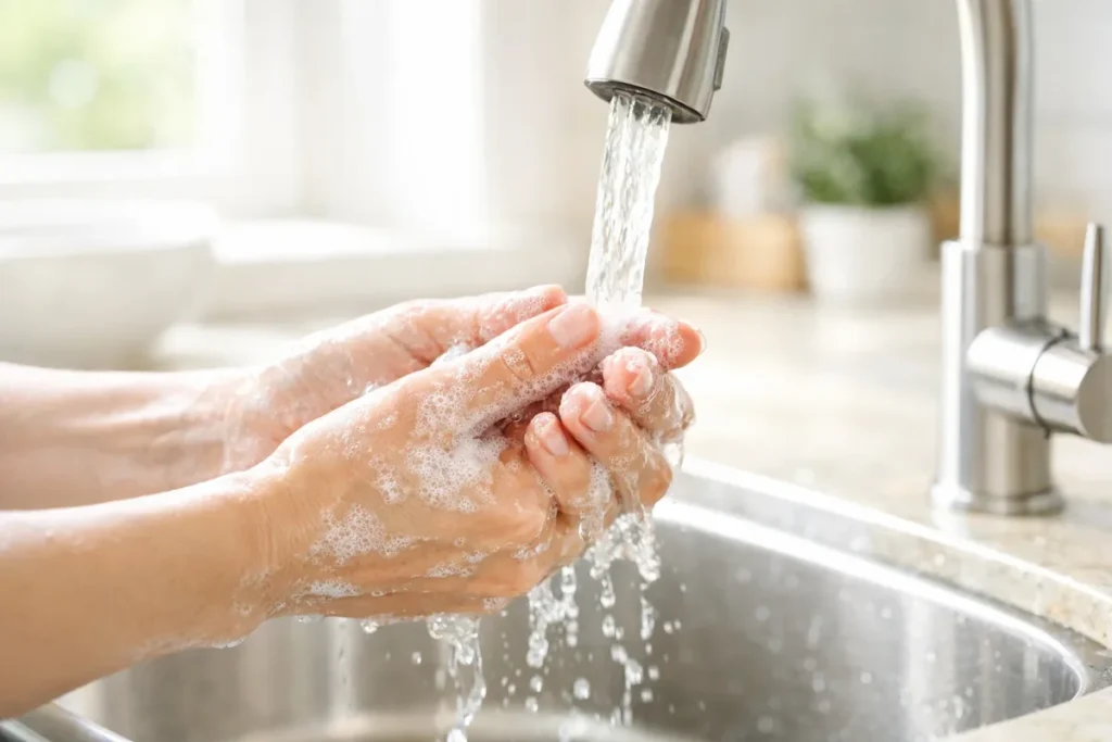 Hands washing with dish soap under running water in a bright kitchen sink