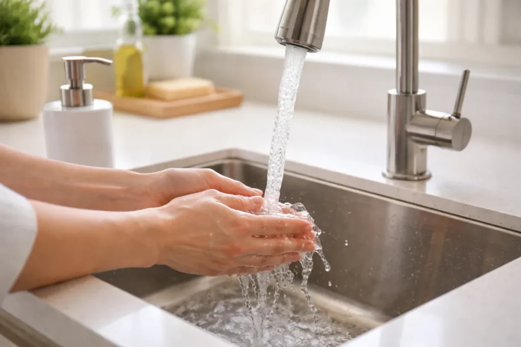 Rinsing hands with only water after cutting onions, a common mistake that does not remove onion smell