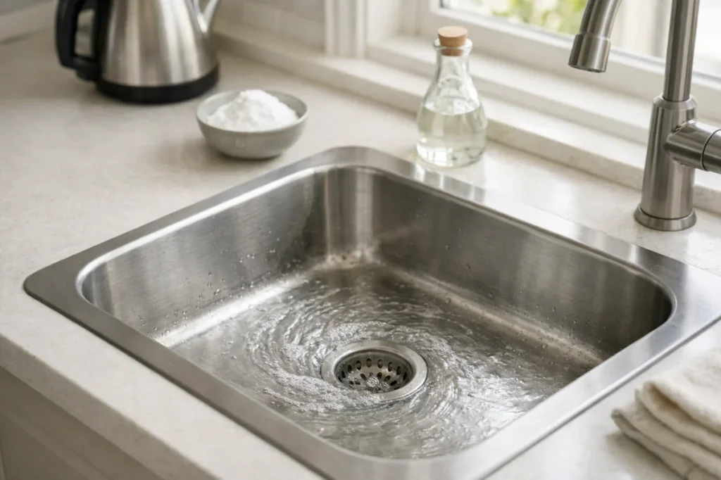 Kitchen sink with water draining naturally using baking soda and vinegar instead of chemical drain cleaners