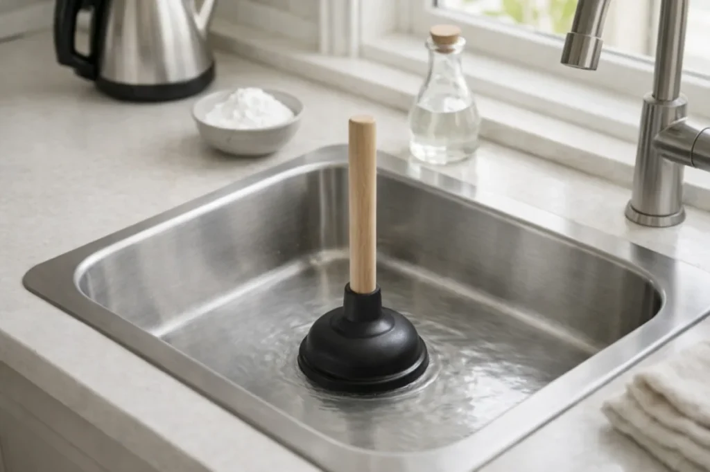 Kitchen sink unclogged using a plunger as a safe, chemical-free method
