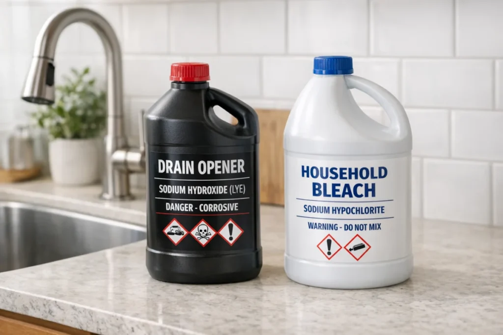 Chemical drain opener and household bleach shown as unsafe options to avoid when unclogging a sink without chemicals