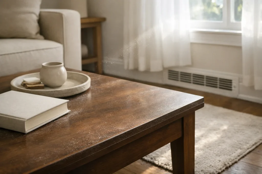 Dust buildup on a coffee table in natural sunlight between cleanings