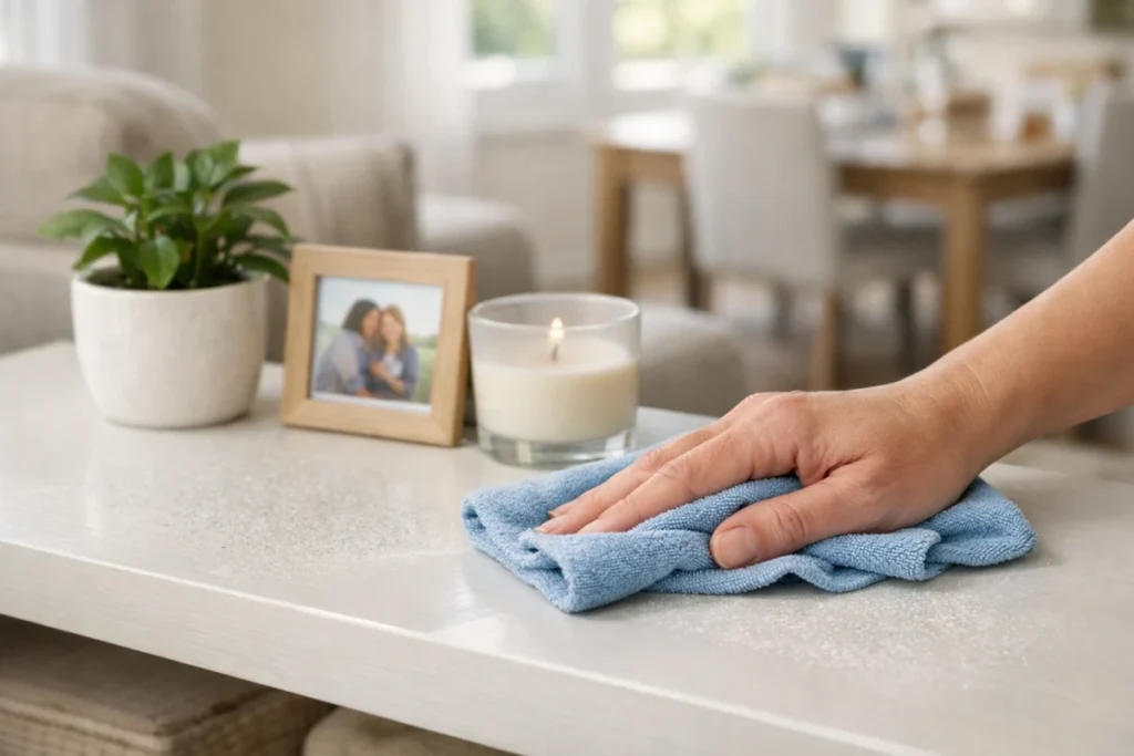 Hand wiping dust off a table with a microfiber cloth