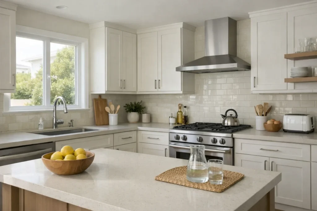 Bright, realistic modern kitchen showing common odor-prone areas