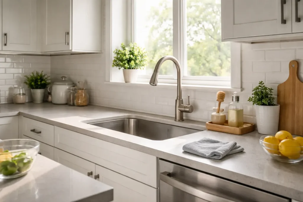 Bright modern kitchen sink with brushed stainless steel faucet and clean countertop showing odor-prone areas
