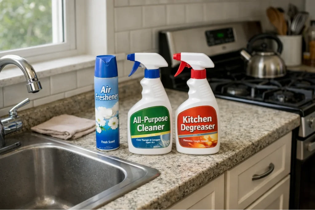 Using air freshener and surface cleaners instead of removing stubborn kitchen odor sources