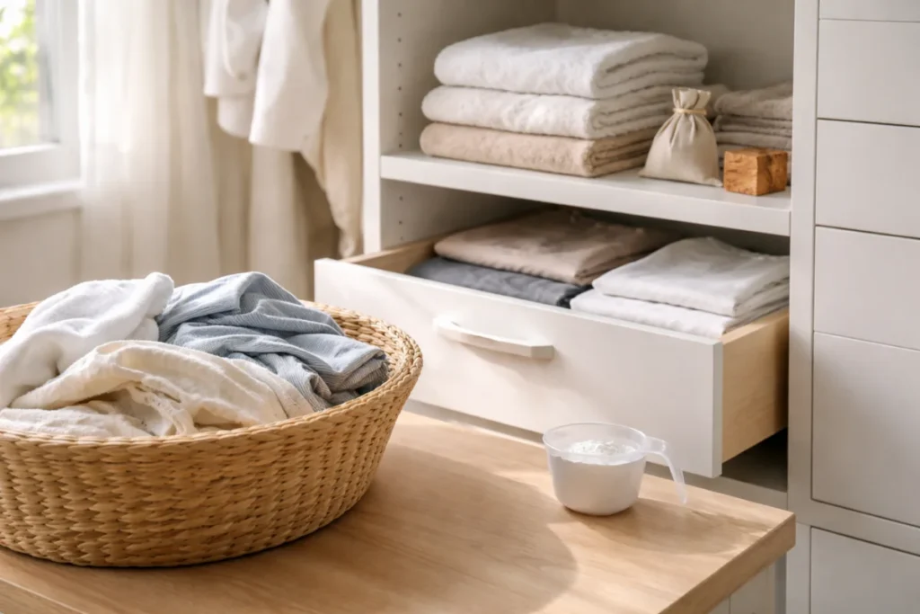 Freshly washed clothes folded and stored properly to keep laundry smelling clean
