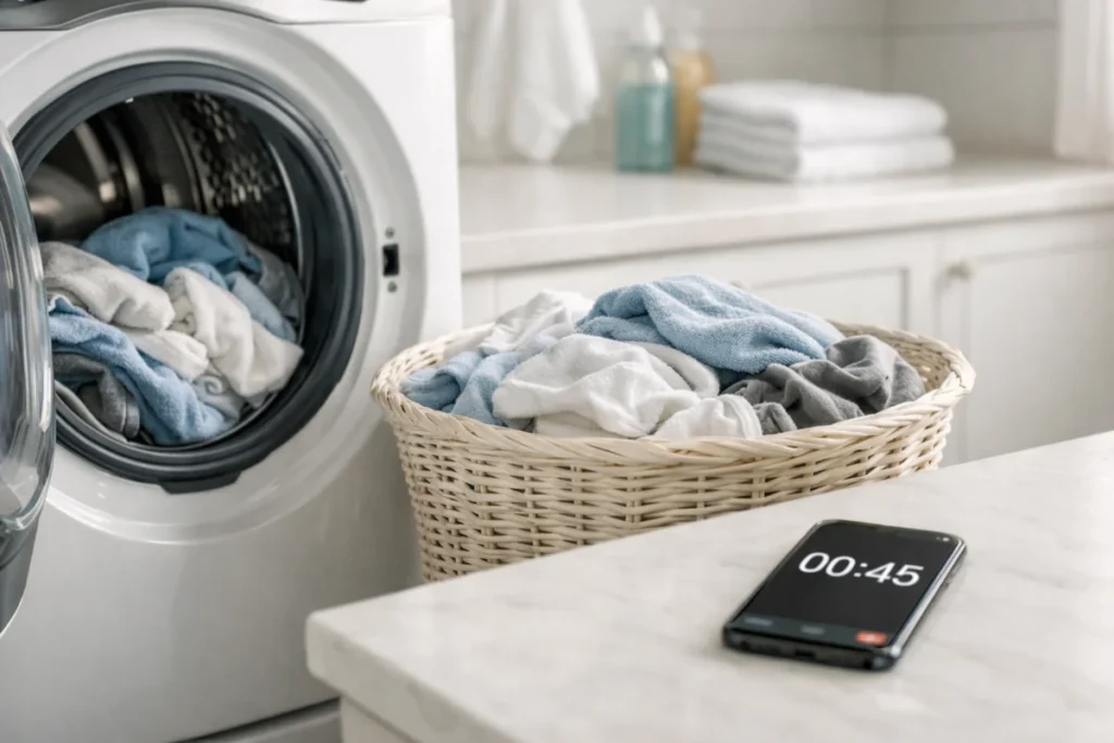 Laundry waiting to be moved from the washer with a timer reminding you not to let wet clothes sit