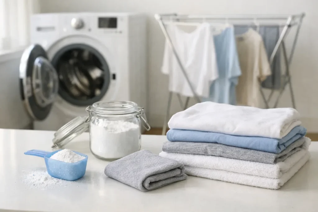 fresh laundry with baking soda and folded towels for better rinsing and airflow