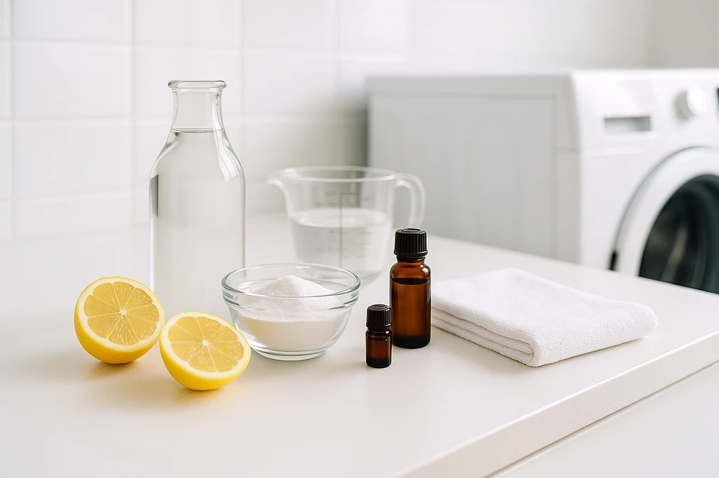 natural cleaning ingredients for smelly washing machine - vinegar, baking soda, lemon and essential oils