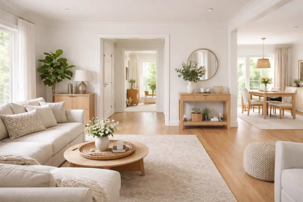 Bright open home interior showing connected living spaces that support whole-home odor control