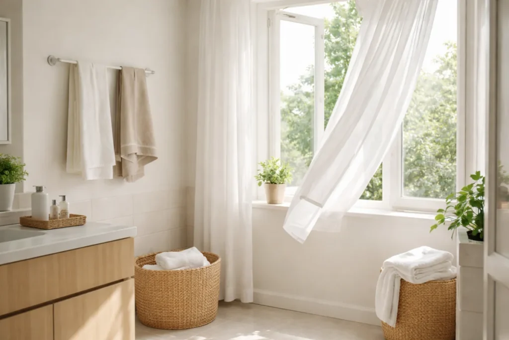 Bright bathroom with open window, fresh air, and neatly drying towels showing simple habits to prevent lingering home odors