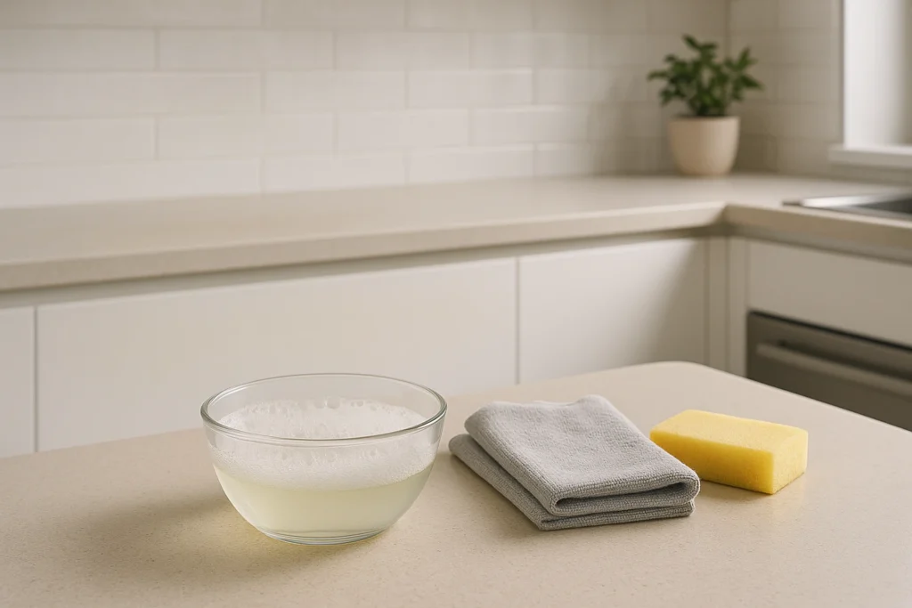 A bowl of warm soapy water, a microfiber cloth, and a sponge on a clean kitchen counter, prepared for removing grease from kitchen cabinets.