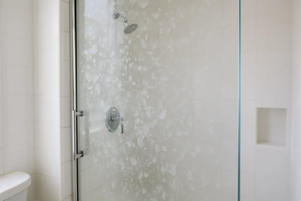 hard water stains visible on shower glass close-up