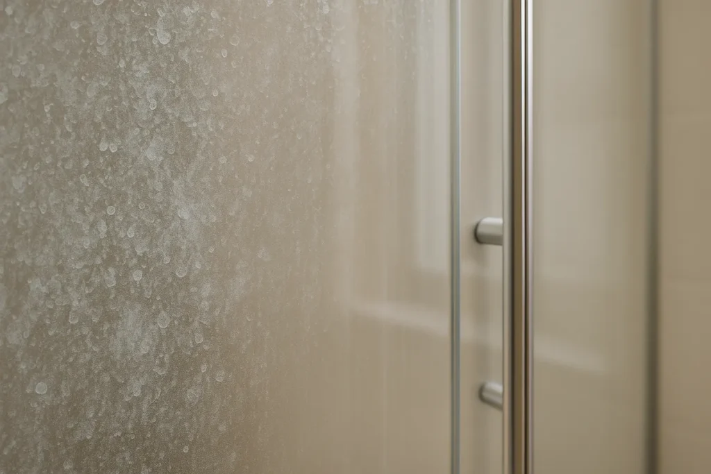 hard water stains close-up on shower glass surface