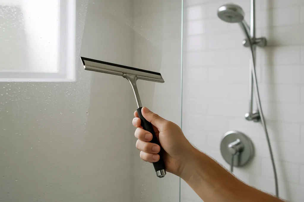 using a squeegee on shower glass to prevent hard water stains