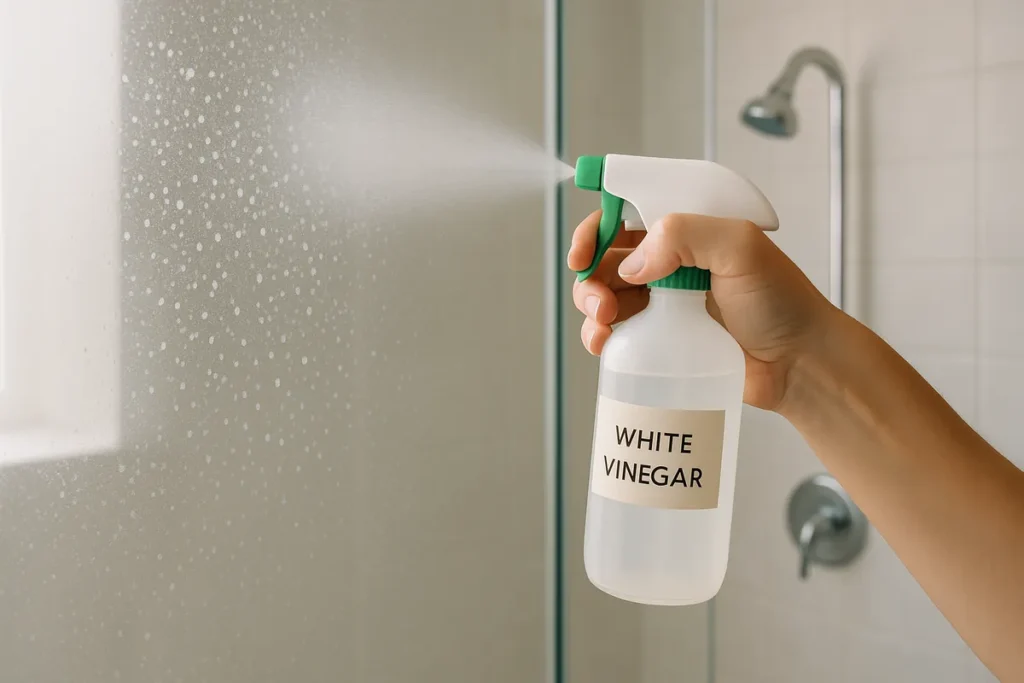 spraying white vinegar on shower glass to remove hard water stains
