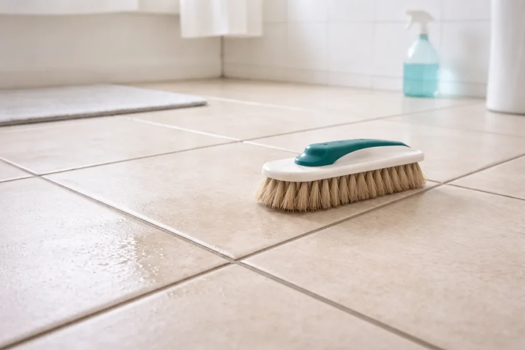 Common bathroom floor cleaning mistakes including aggressive scrubbing and leaving moisture