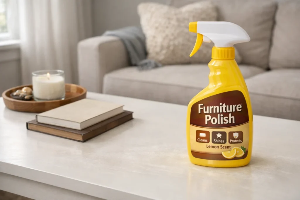 Furniture polish spray on a white table leaving residue that attracts dust