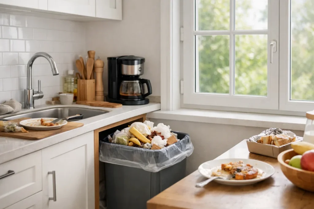 overfilled kitchen trash bin and leftover food showing common mistakes that cause household odors