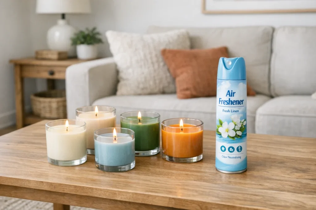 Multiple scented candles and an air freshener spray used together in a living room, showing common deodorizing mistakes