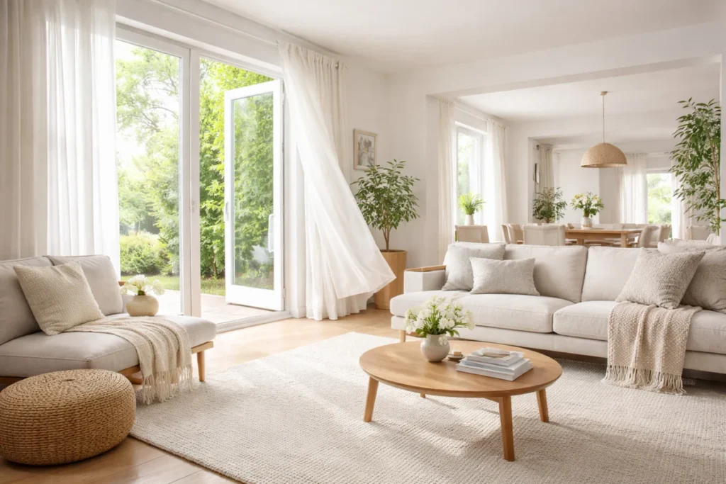 Open, sunlit living space showing how air and odors move through connected rooms