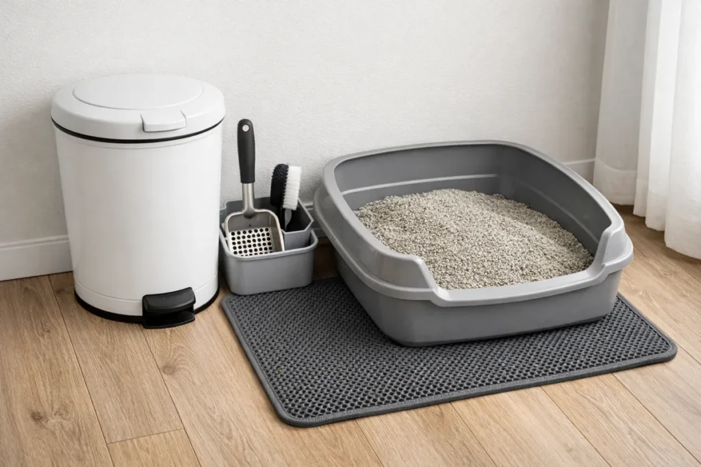 Clean litter box setup with scoop, trash can, and litter mat in a small apartment