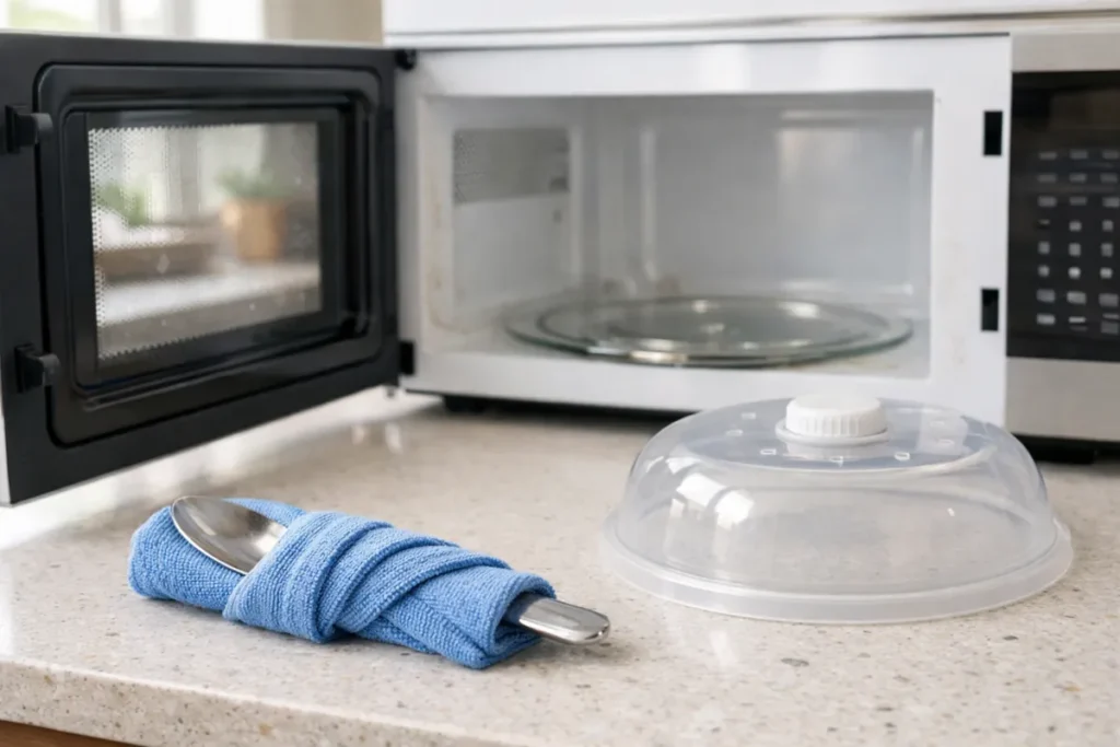 Microfiber cloth wrapped around a spoon and a microwave splatter cover beside an open microwave