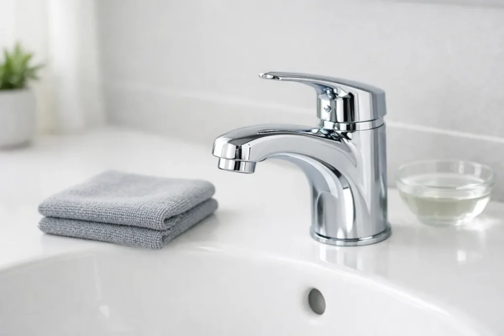 Clean chrome bathroom faucet drying on sink with folded microfiber cloth