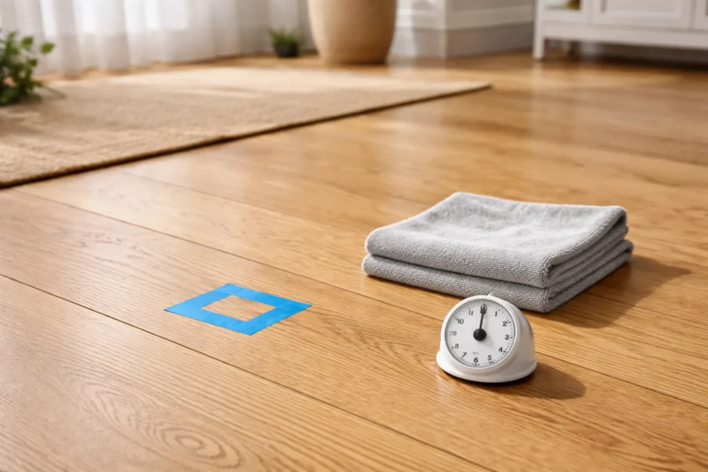 painter’s tape marking a spot on a hardwood floor with a kitchen timer and folded microfiber towels nearby